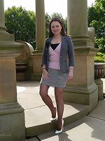 Gorgeous busty Sara visits a monument and invites you to watch her in her lovely white stilettos